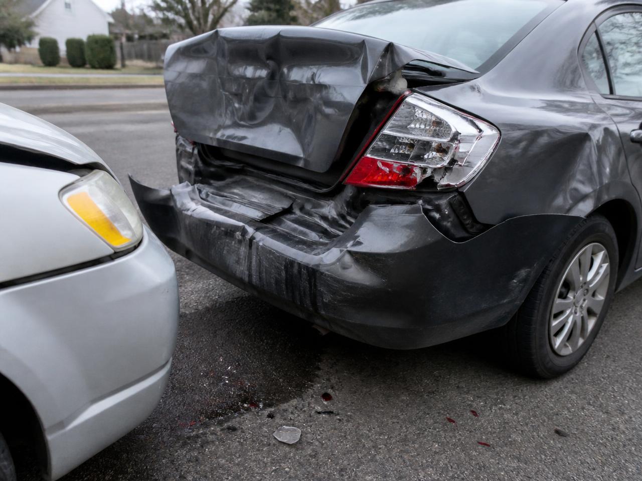 Rear-end collision damage to a sedan bumper and tail light
