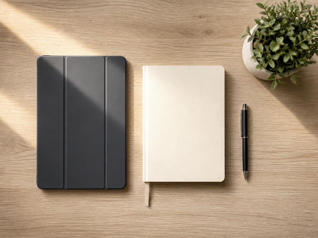 Tablet, notebook and pen on a clinician desk