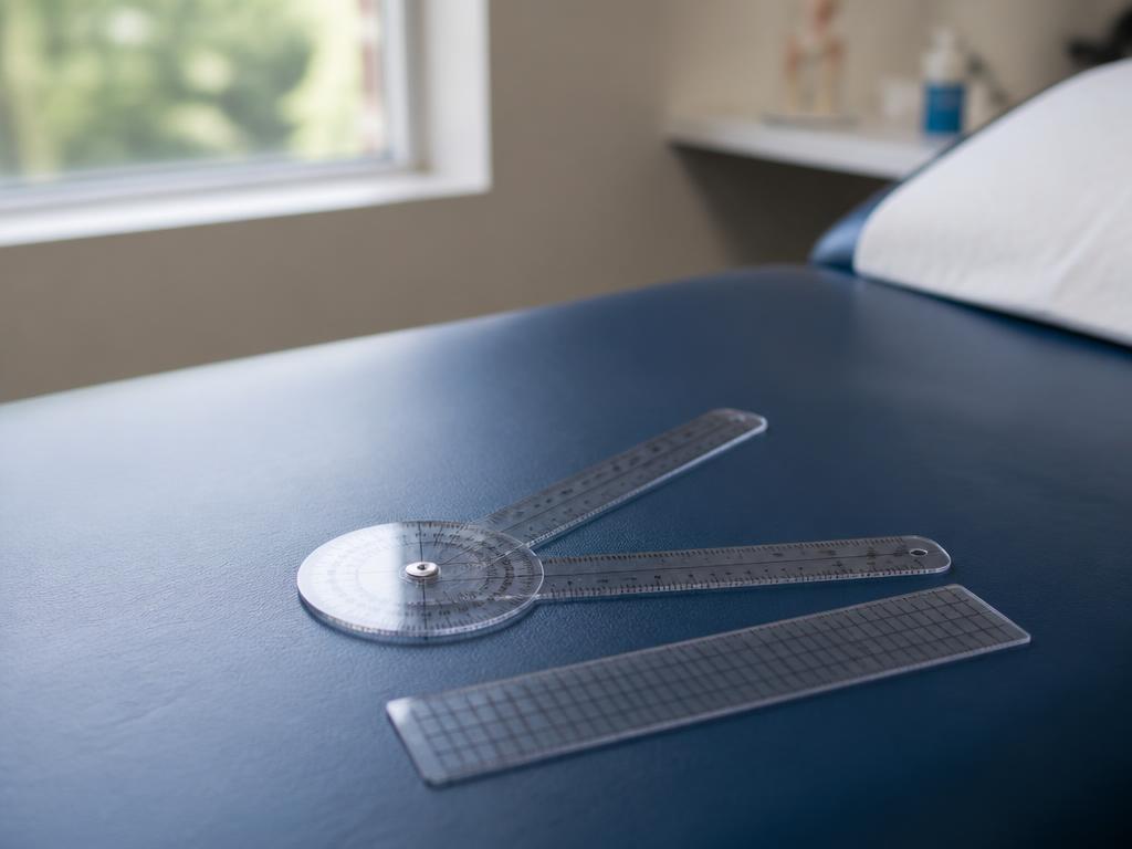 Goniometer and range-of-motion measurement tools on an exam table