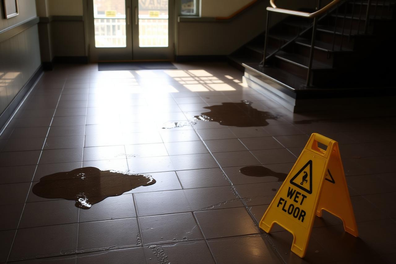 Wet floor hazard beside a staircase