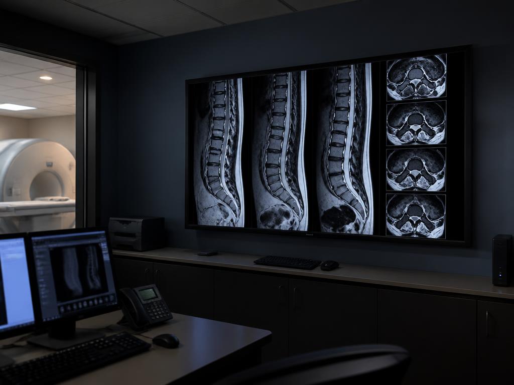 Spine MRI studies displayed in a radiology reading room