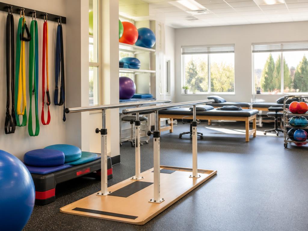 Rehabilitation equipment in a bright therapy space