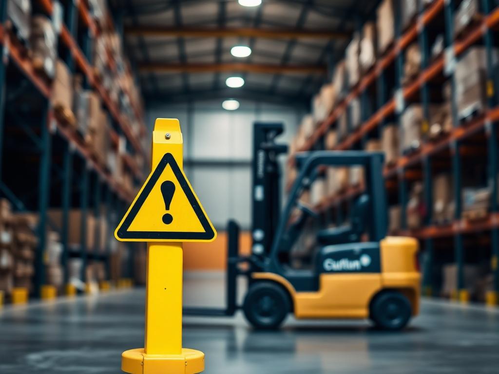 Warehouse caution sign marking a workplace hazard